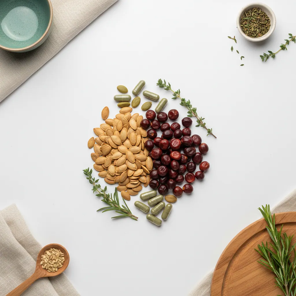 Flat lay van zaagpalmbessen, pompoenzaden en capsules als ingrediënten van Alpha Drive